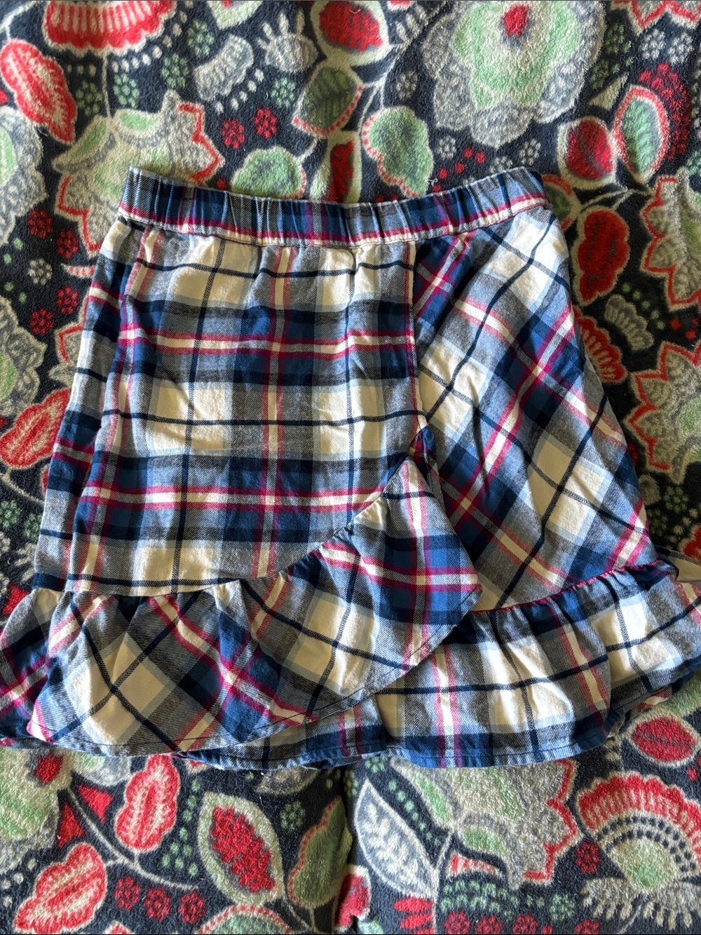 Girls Plaid Ruffle Wrap Skirt in Navy, White & Pink
